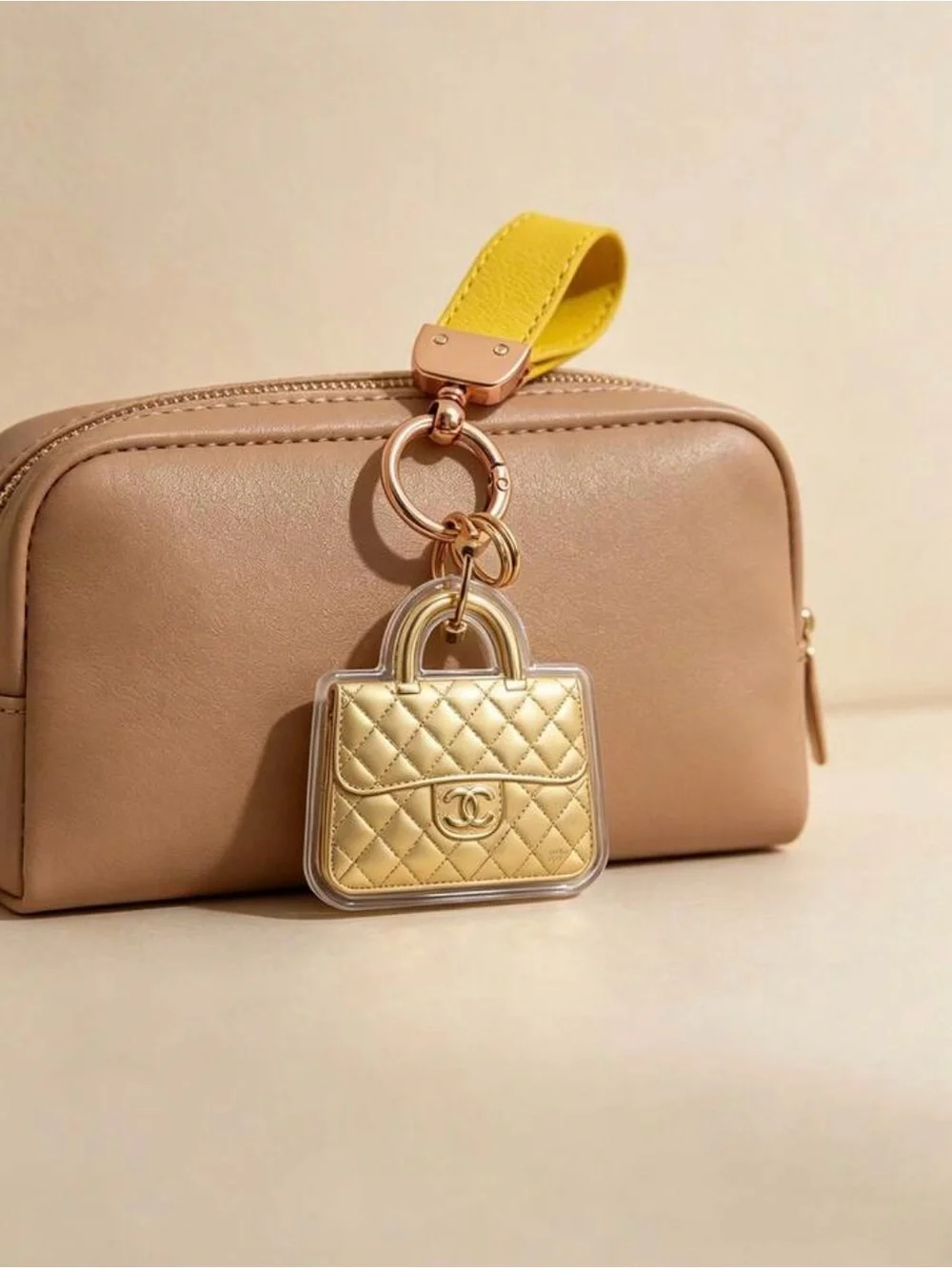 Gold Quilted Handbag Key Holder with Yellow Strap